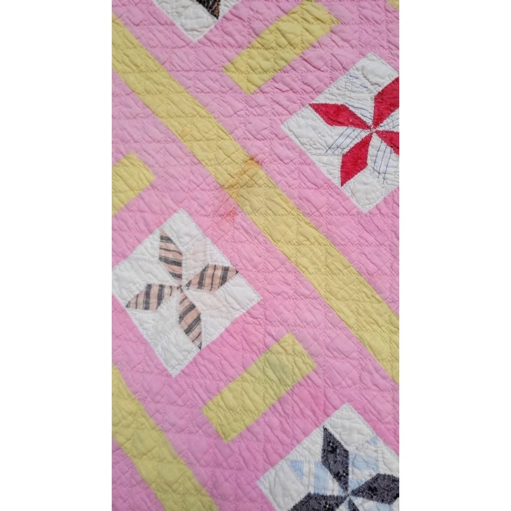 Vintage Friendship Star Quilt‎ Hand Quilted Pink Yellow Patchwork 64x75 Cottage
